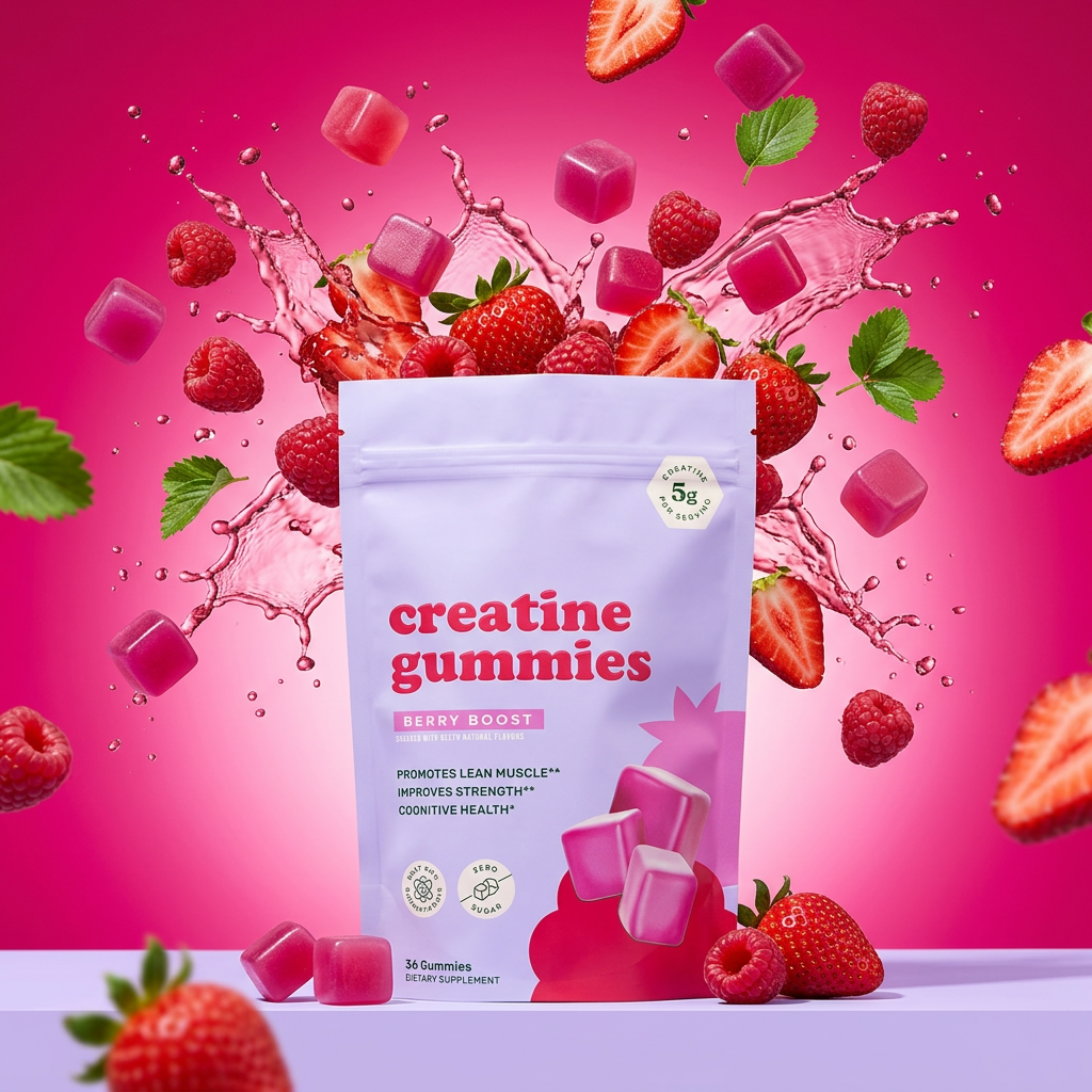Creatine gummies pouch with raspberries, strawberries and gummy cubes splashing around it on a vibrant berry pink background